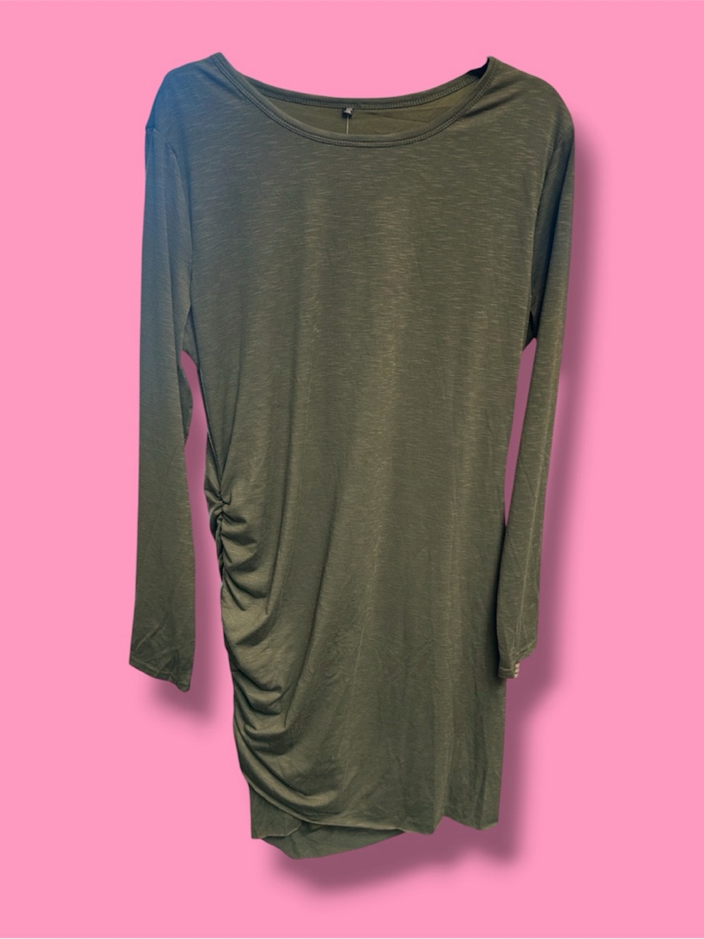 Side-Ruched Olive Midi Dress with Long Sleeves